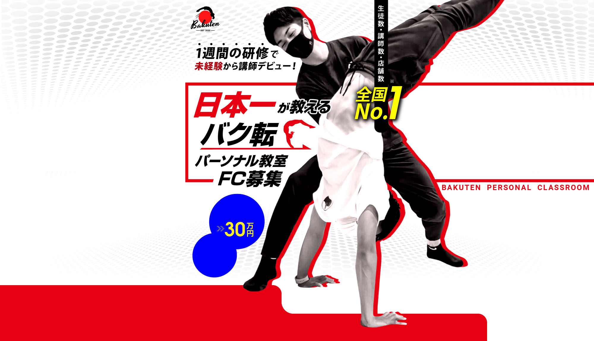 生徒数・講師数・店舗数全国No.1 日本一が教えるバク転パーソナル教室